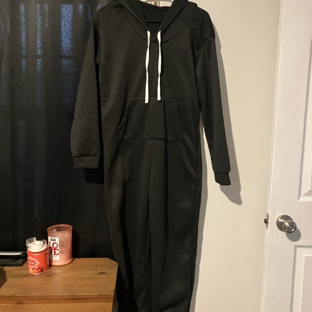 Black Hooded Jumpsuit with White Drawstrings